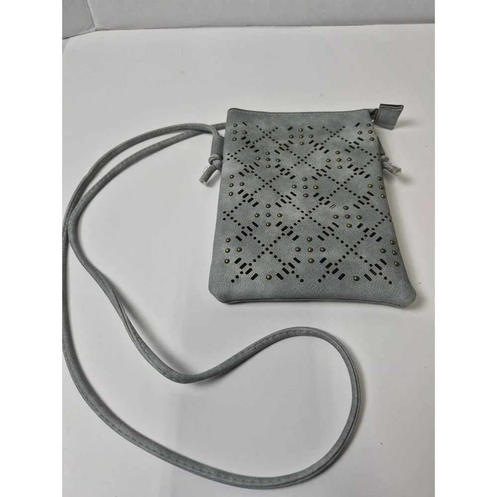 Stay Beautiful Laser Cut Studded Crossbody Phone Bag Blue Faux Suede boho